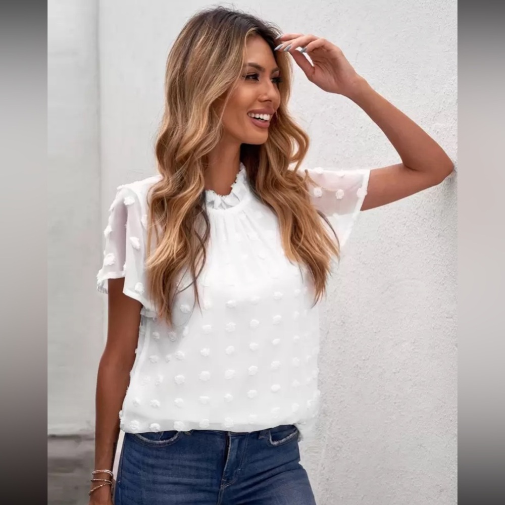 SHEIN White Swiss Dot Butterfly Sleeve Blouse with Peter Pan Collar